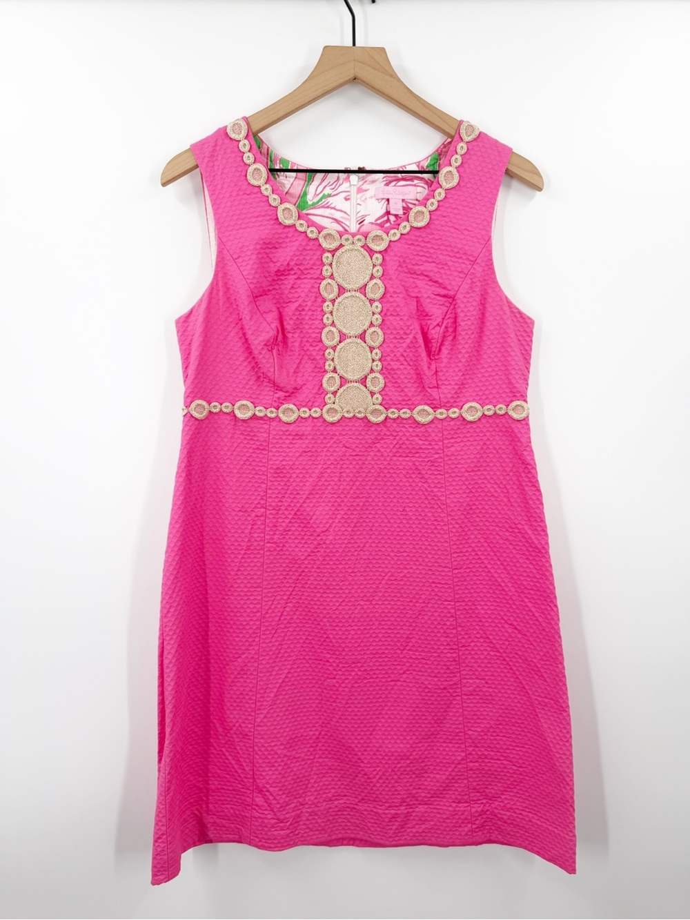 Lilly Pulitzer Hot Pink Sleeveless Shift Dress with Cream Crochet Trim
